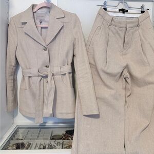 Banana Republic Linen Cotton Herringbone Suit Set | Belted Jacket & Pants Size 0